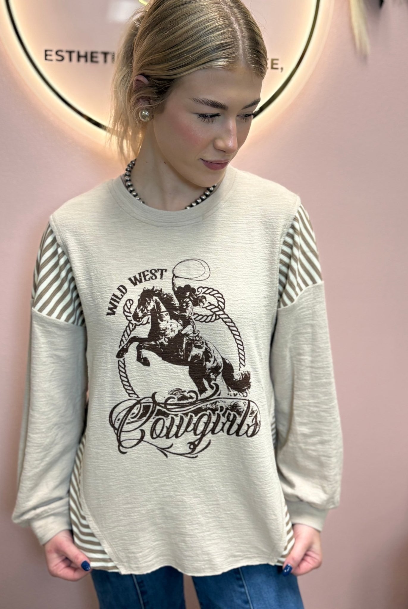 Wild West Cowgirls Graphic Knit Top - Taupe or Olive - Cowhide and Conchos