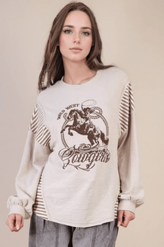 Wild West Cowgirls Graphic Knit Top - Taupe or Olive - Cowhide and Conchos