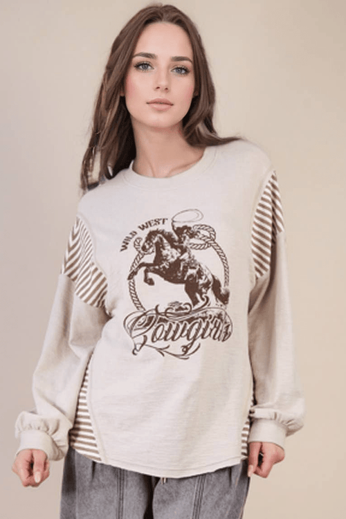 Wild West Cowgirls Graphic Knit Top - Taupe or Olive - Cowhide and Conchos