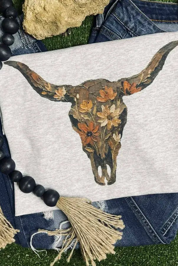 Wildflower Bull skull - Gildan Tee - Cowhide and Conchos