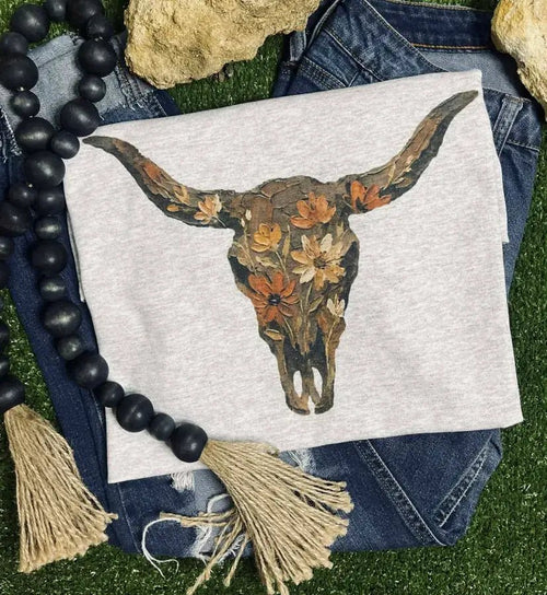 Wildflower Bull skull - Gildan Tee - Cowhide and Conchos