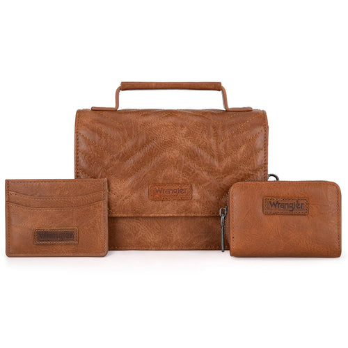 Wrangler 3PCs Set Mini Top Handle Crossbody Set - Saddle - Cowhide and Conchos