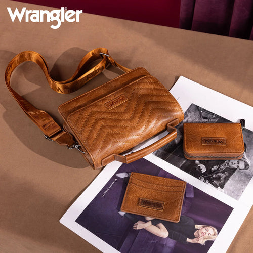 Wrangler 3PCs Set Mini Top Handle Crossbody Set - Saddle - Cowhide and Conchos