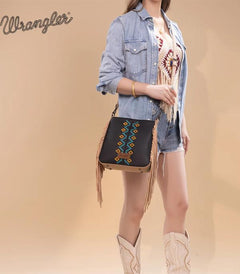 Wrangler Aztec Embroidered Crossbody Bag - Black - Cowhide and Conchos