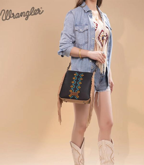 Wrangler Aztec Embroidered Crossbody Bag - Black - Cowhide and Conchos