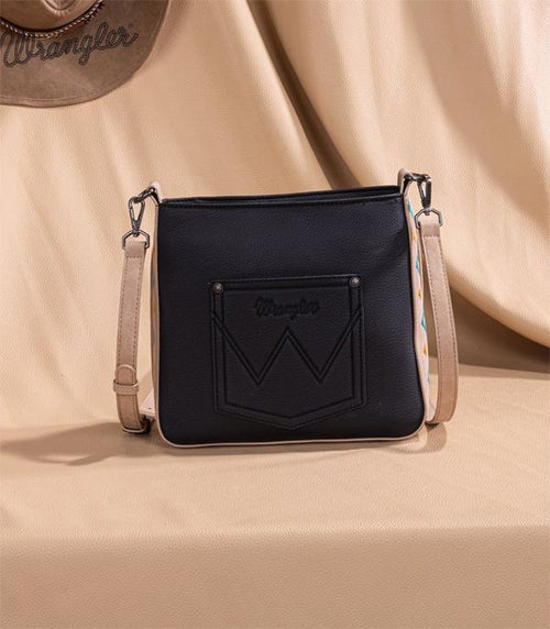 Wrangler Aztec Embroidered Crossbody Bag - Black - Cowhide and Conchos