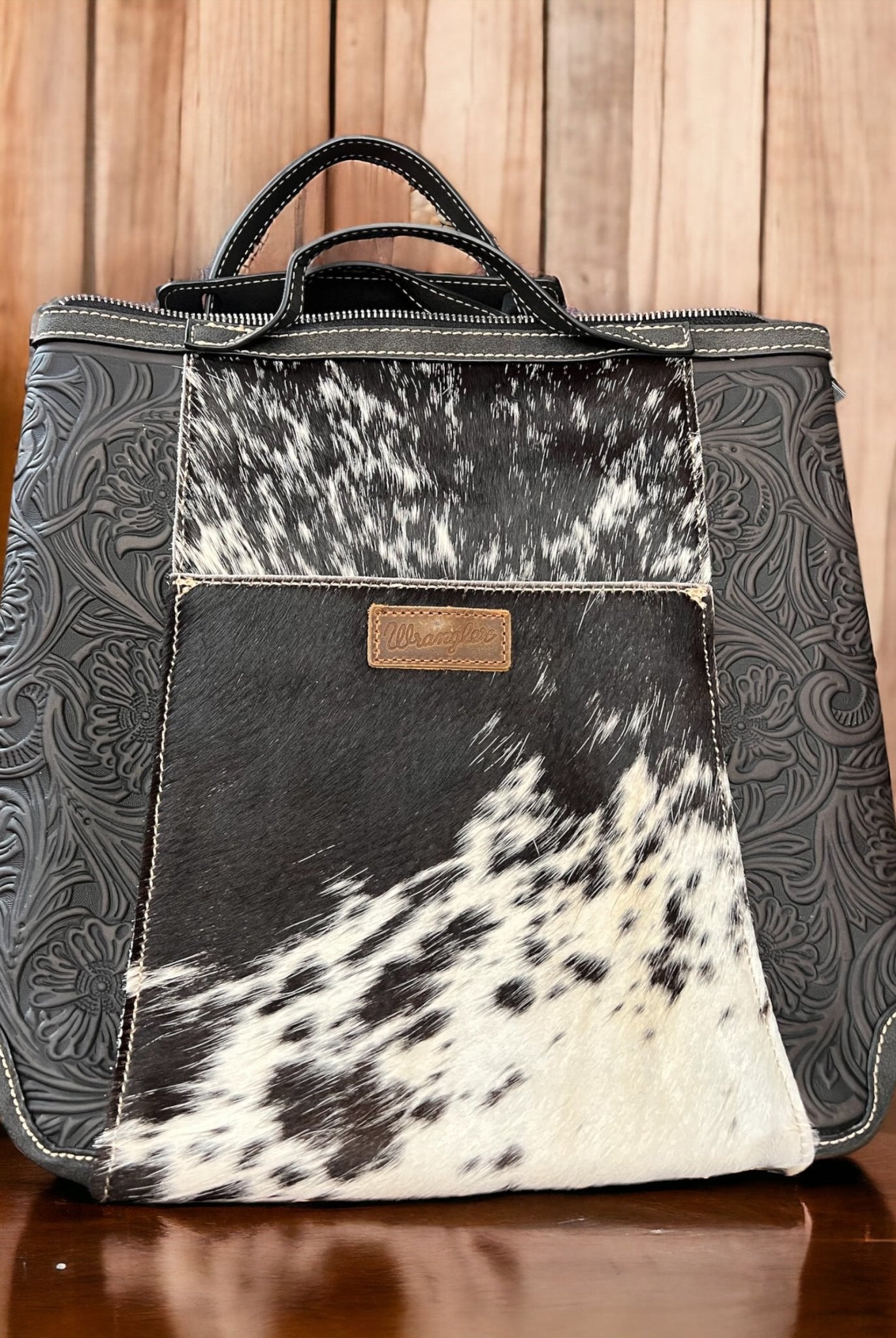 Wrangler Black and White Hair on Hide Backpack - Cowhide and Conchos