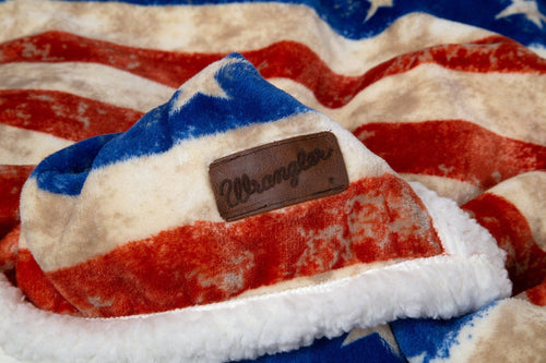 Wrangler Stars & Stripes USA American Flag Plush Fur Sherpa Borrego Fleece Throw Blanket - Cowhide and Conchos