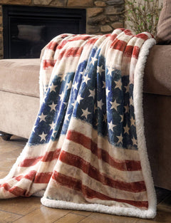 Wrangler Stars & Stripes USA American Flag Plush Fur Sherpa Borrego Fleece Throw Blanket - Cowhide and Conchos