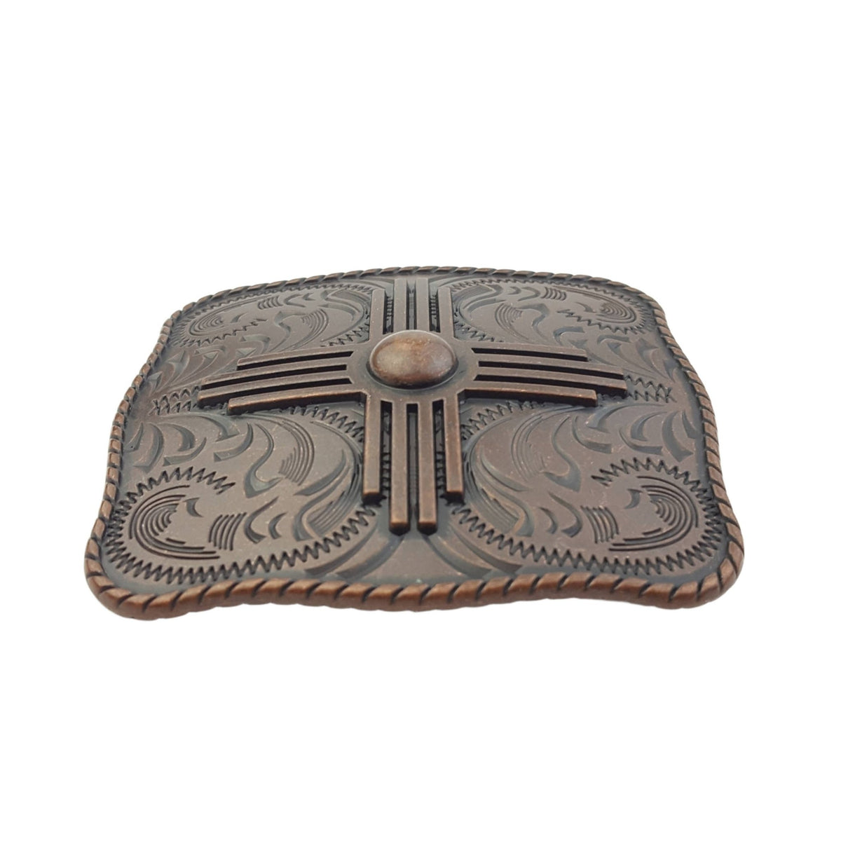 Zia Square Western Belt Buckle — Vintage Copper Finish with Rope Edge & Etched Details (Fits 1.5" Belt, Buckle Only) - Cowhide and Conchos
