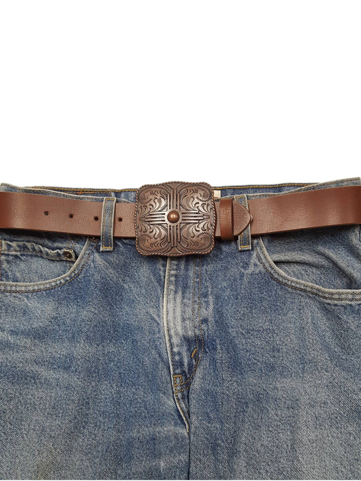 Zia Square Western Belt Buckle — Vintage Copper Finish with Rope Edge & Etched Details (Fits 1.5" Belt, Buckle Only) - Cowhide and Conchos