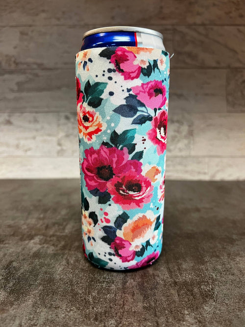 Bright Flowers Print Slim Can Koozie - Cowhide and Conchos