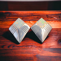 Concho earrings - Navajo concho and opal and sterling post earrings - Cowhide and Conchos