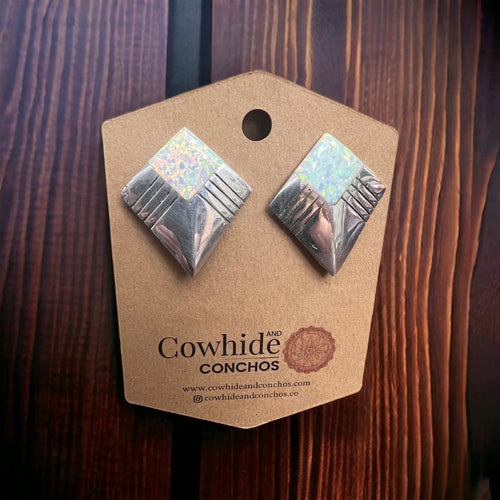 Concho earrings - Navajo concho and opal and sterling post earrings - Cowhide and Conchos