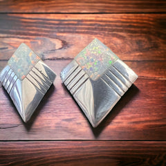 Concho earrings - Navajo concho and opal and sterling post earrings - Cowhide and Conchos