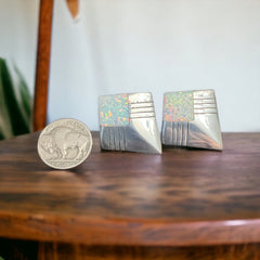 Concho earrings - Navajo concho and opal and sterling post earrings - Cowhide and Conchos