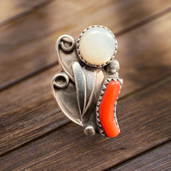 Coral and mother of pearl ring - flower style - size 5 - Cowhide and Conchos