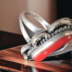 Coral ring - Coral and sterling silver with leaf - Size 6.5 - Cowhide and Conchos