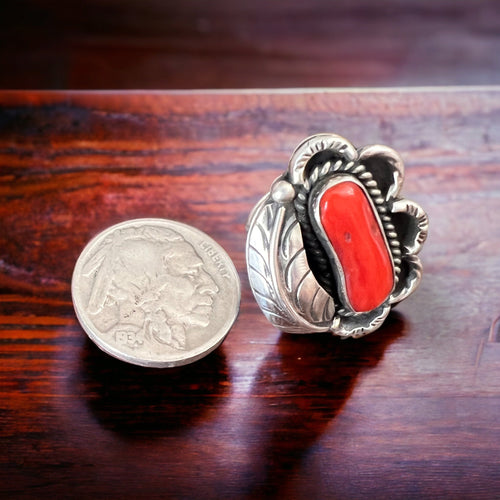 Coral ring - Coral and sterling silver with leaf - Size 6.5 - Cowhide and Conchos