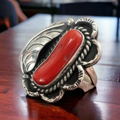 Coral ring - Coral and sterling silver with leaf - Size 6.5 - Cowhide and Conchos