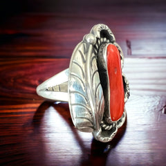 Coral ring - Coral and sterling silver with leaf - Size 6.5 - Cowhide and Conchos