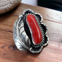 Coral ring - Coral and sterling silver with leaf - Size 6.5 - Cowhide and Conchos