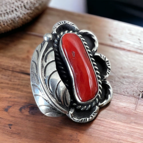 Coral ring - Coral and sterling silver with leaf - Size 6.5 - Cowhide and Conchos