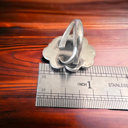 Coral ring - Coral and sterling silver with leaf - Size 6.5 - Cowhide and Conchos