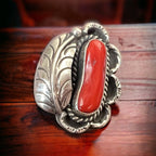 Coral ring - Coral and sterling silver with leaf - Size 6.5 - Cowhide and Conchos