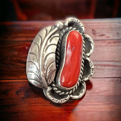 Coral ring - Coral and sterling silver with leaf - Size 6.5 - Cowhide and Conchos