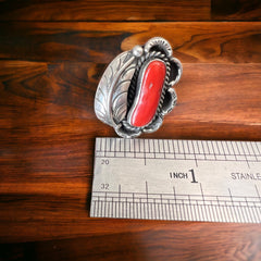 Coral ring - Coral and sterling silver with leaf - Size 6.5 - Cowhide and Conchos