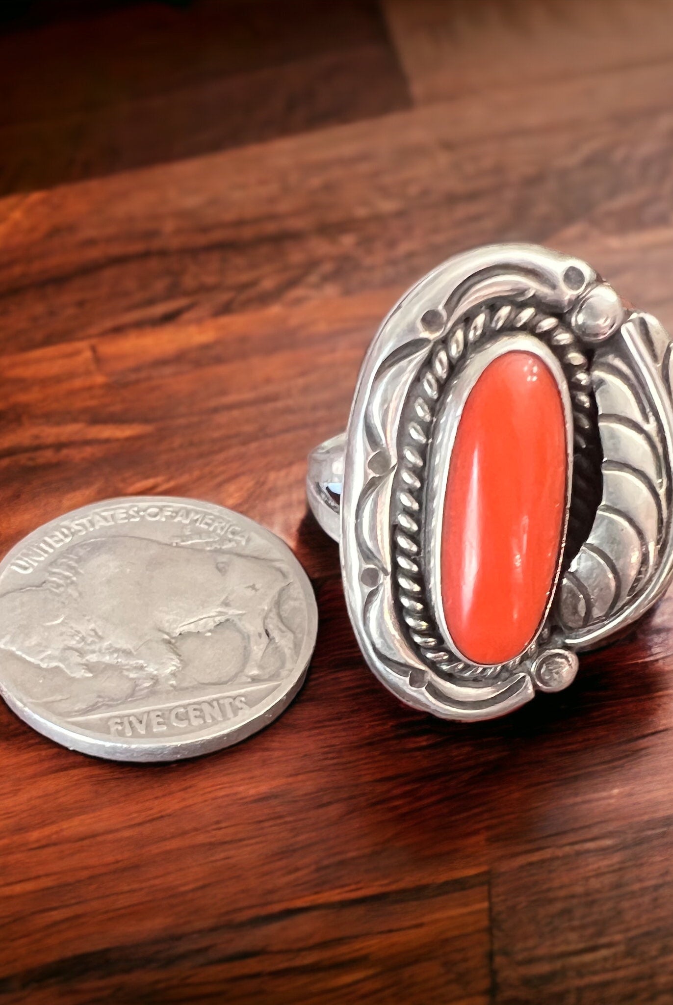 Coral ring - gorgeous large coral on sterling oval base with leaf - Size 6.5 - Cowhide and Conchos