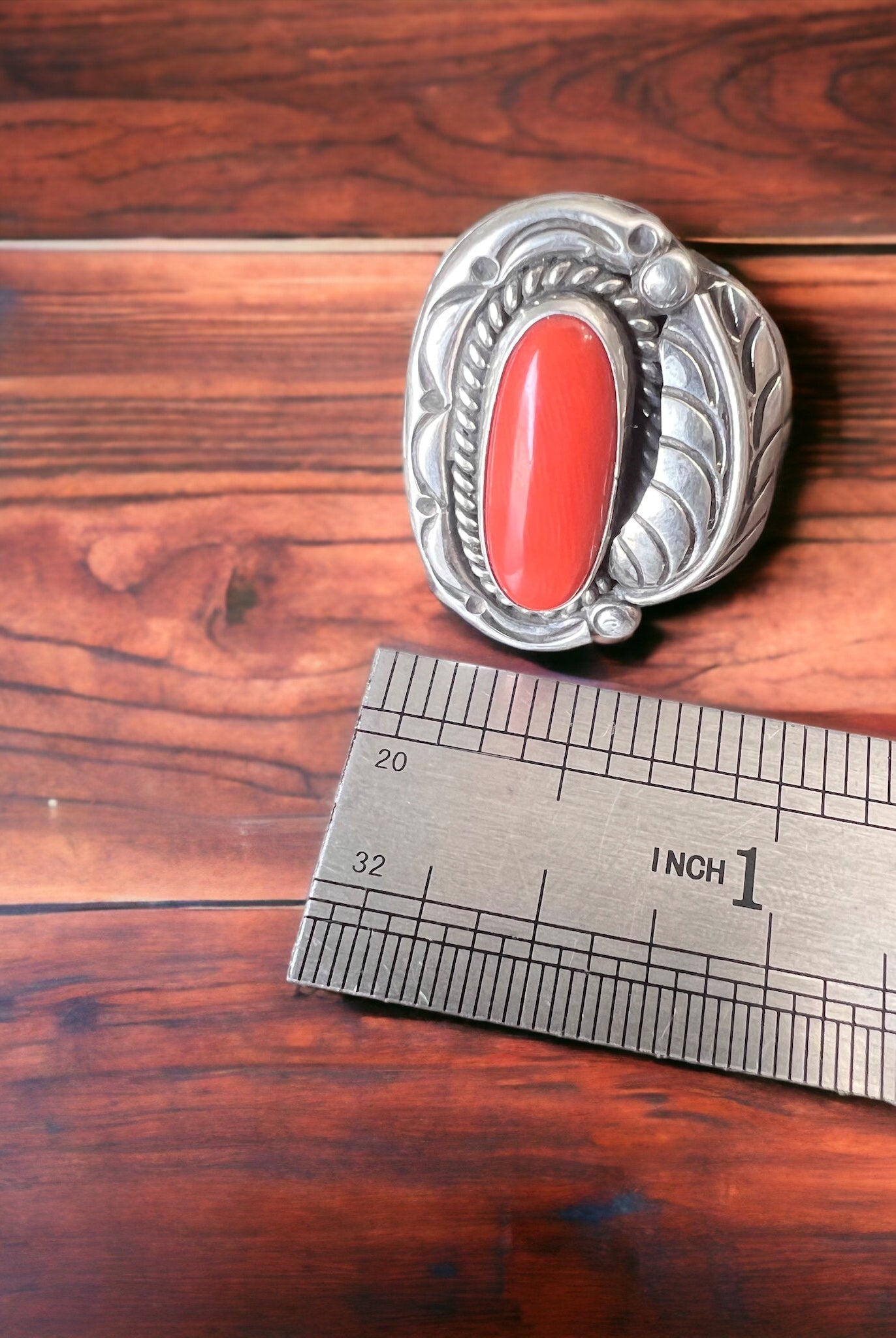 Coral ring - gorgeous large coral on sterling oval base with leaf - Size 6.5 - Cowhide and Conchos