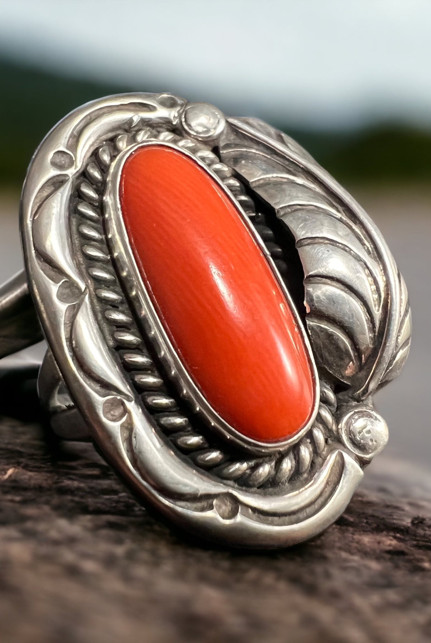 Coral ring - gorgeous large coral on sterling oval base with leaf - Size 6.5 - Cowhide and Conchos
