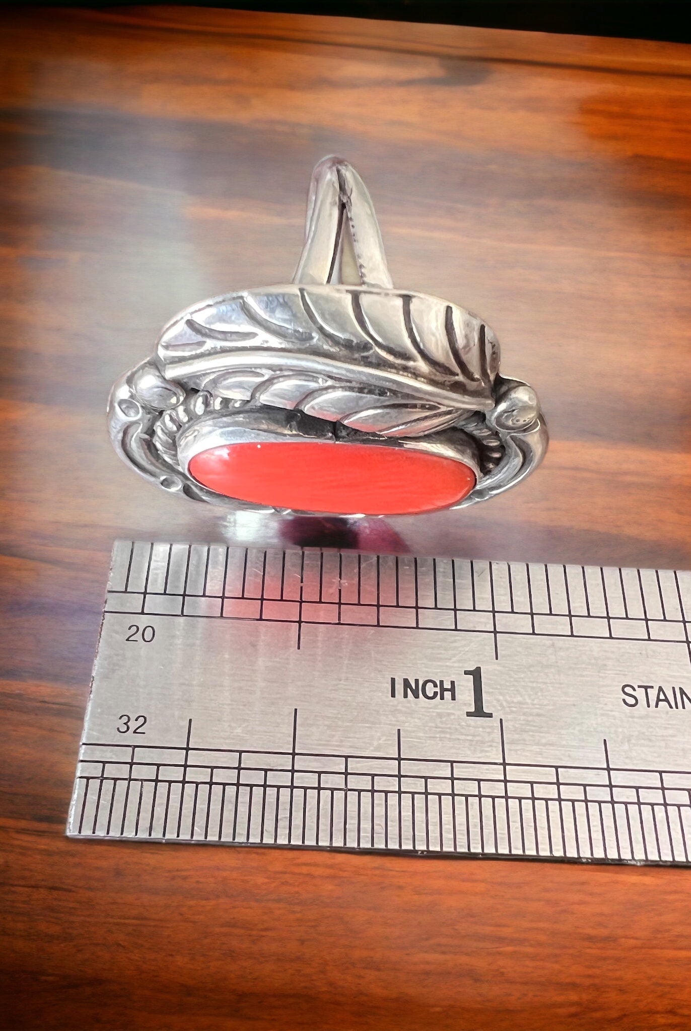 Coral ring - gorgeous large coral on sterling oval base with leaf - Size 6.5 - Cowhide and Conchos