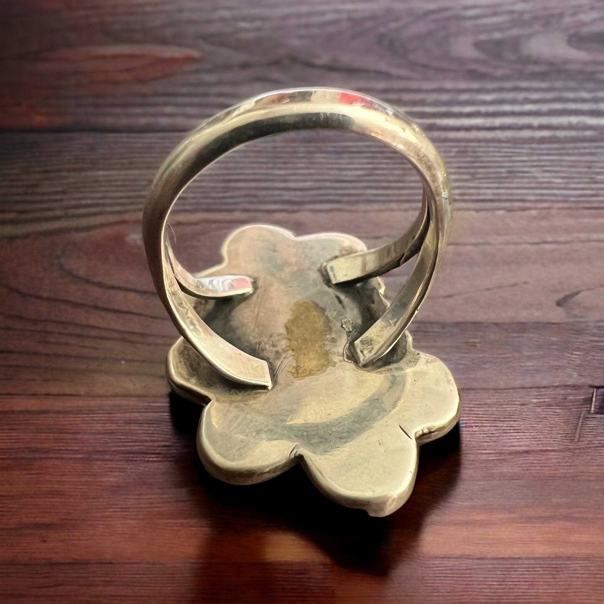 Coral ring on hand stamped sterling silver - Native signed A Chapo - size 7 - Cowhide and Conchos