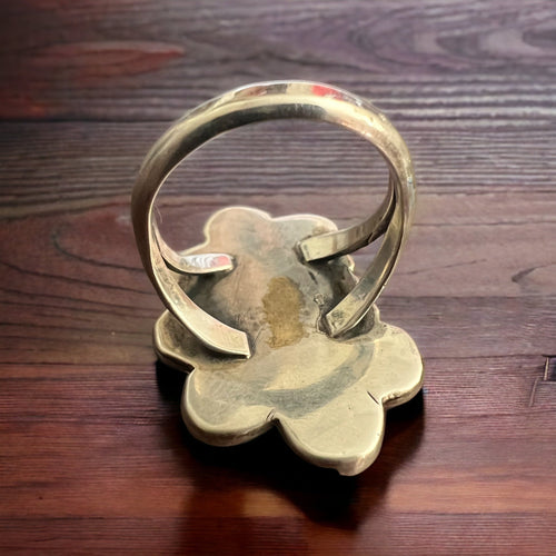 Coral ring on hand stamped sterling silver - Native signed A Chapo - size 7 - Cowhide and Conchos