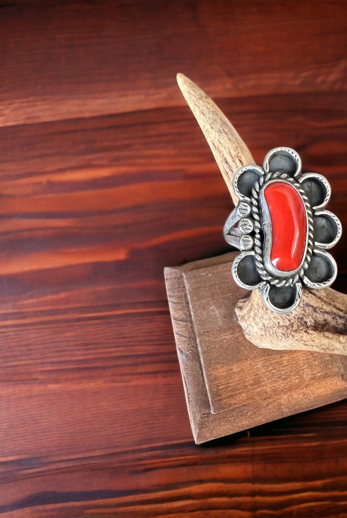 Coral ring on hand stamped sterling silver - Native signed A Chapo - size 7 - Cowhide and Conchos