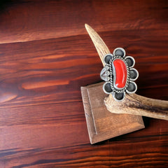 Coral ring on hand stamped sterling silver - Native signed A Chapo - size 7 - Cowhide and Conchos