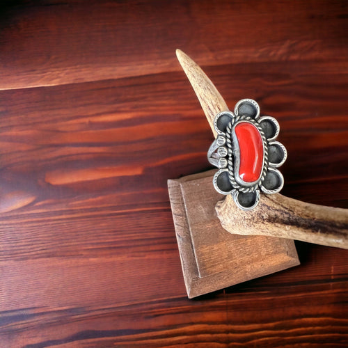 Coral ring on hand stamped sterling silver - Native signed A Chapo - size 7 - Cowhide and Conchos