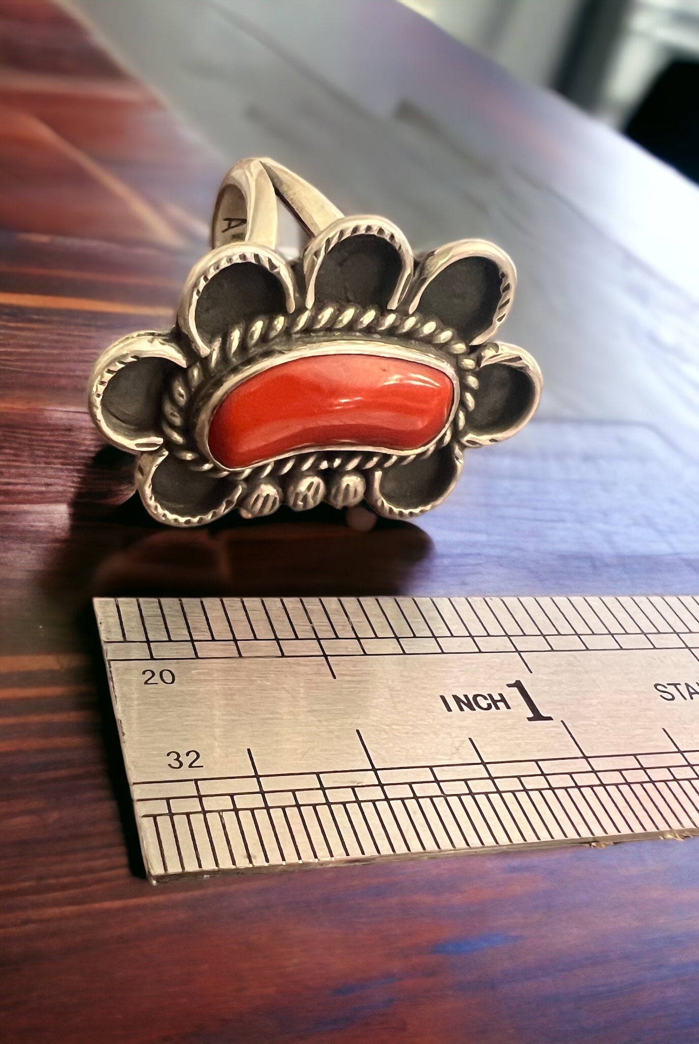 Coral ring on hand stamped sterling silver - Native signed A Chapo - size 7 - Cowhide and Conchos