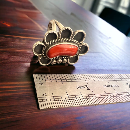 Coral ring on hand stamped sterling silver - Native signed A Chapo - size 7 - Cowhide and Conchos