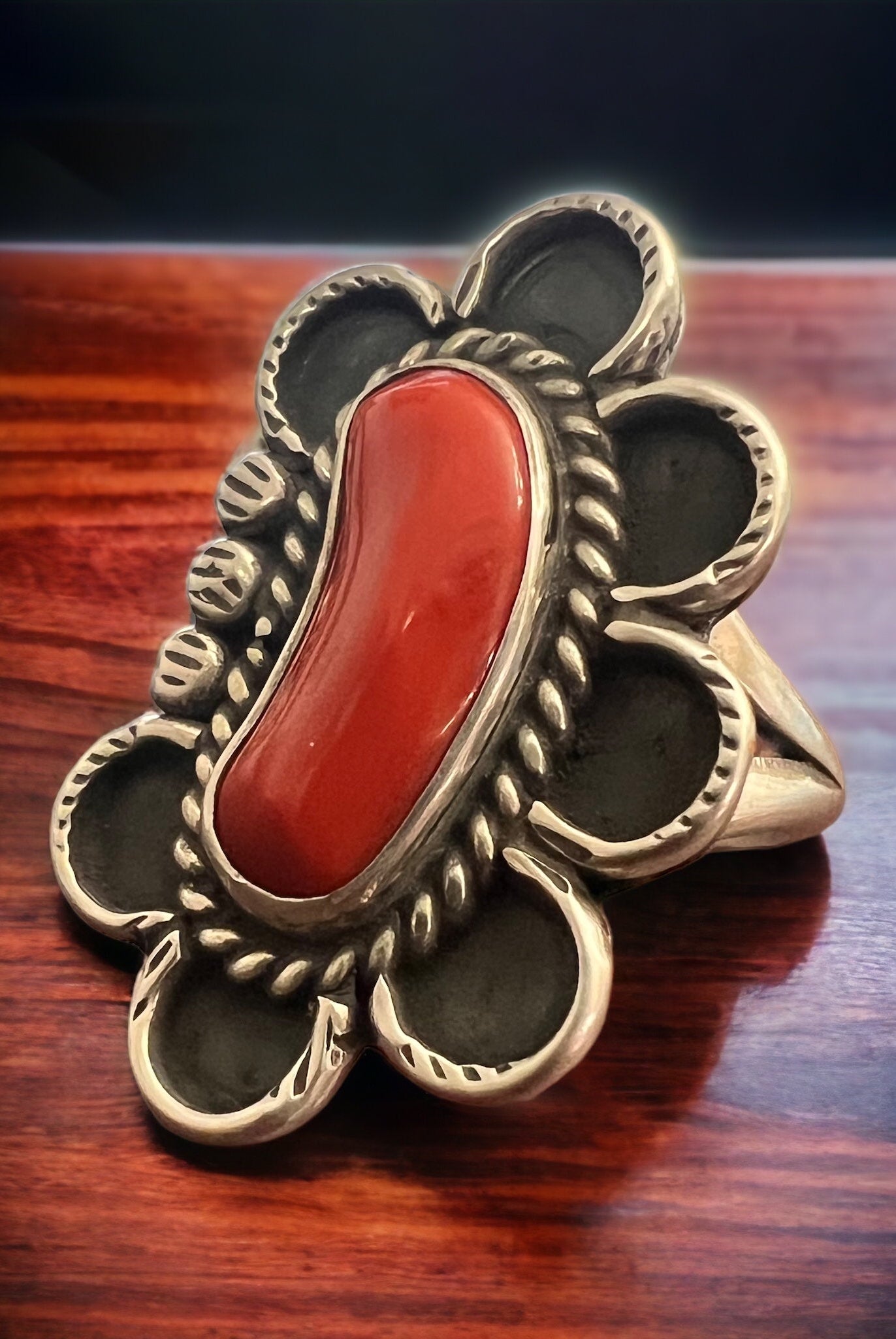 Coral ring on hand stamped sterling silver - Native signed A Chapo - size 7 - Cowhide and Conchos