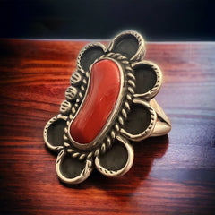 Coral ring on hand stamped sterling silver - Native signed A Chapo - size 7 - Cowhide and Conchos