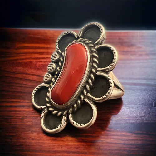 Coral ring on hand stamped sterling silver - Native signed A Chapo - size 7 - Cowhide and Conchos