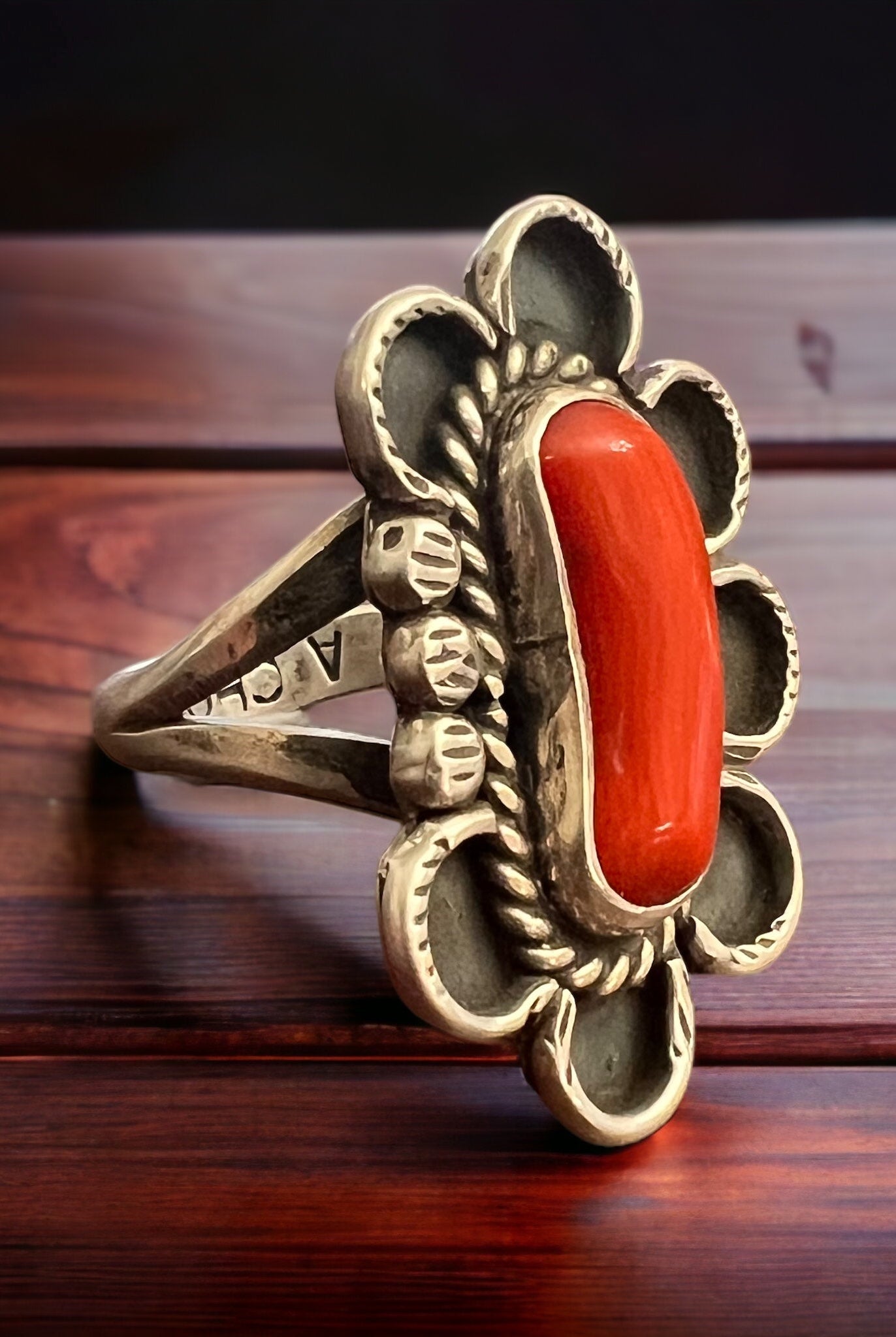 Coral ring on hand stamped sterling silver - Native signed A Chapo - size 7 - Cowhide and Conchos