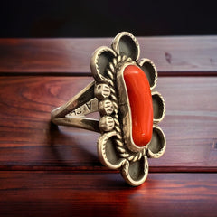 Coral ring on hand stamped sterling silver - Native signed A Chapo - size 7 - Cowhide and Conchos