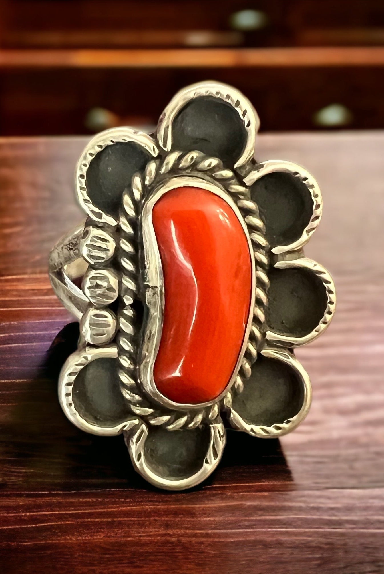 Coral ring on hand stamped sterling silver - Native signed A Chapo - size 7 - Cowhide and Conchos