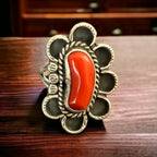 Coral ring on hand stamped sterling silver - Native signed A Chapo - size 7 - Cowhide and Conchos