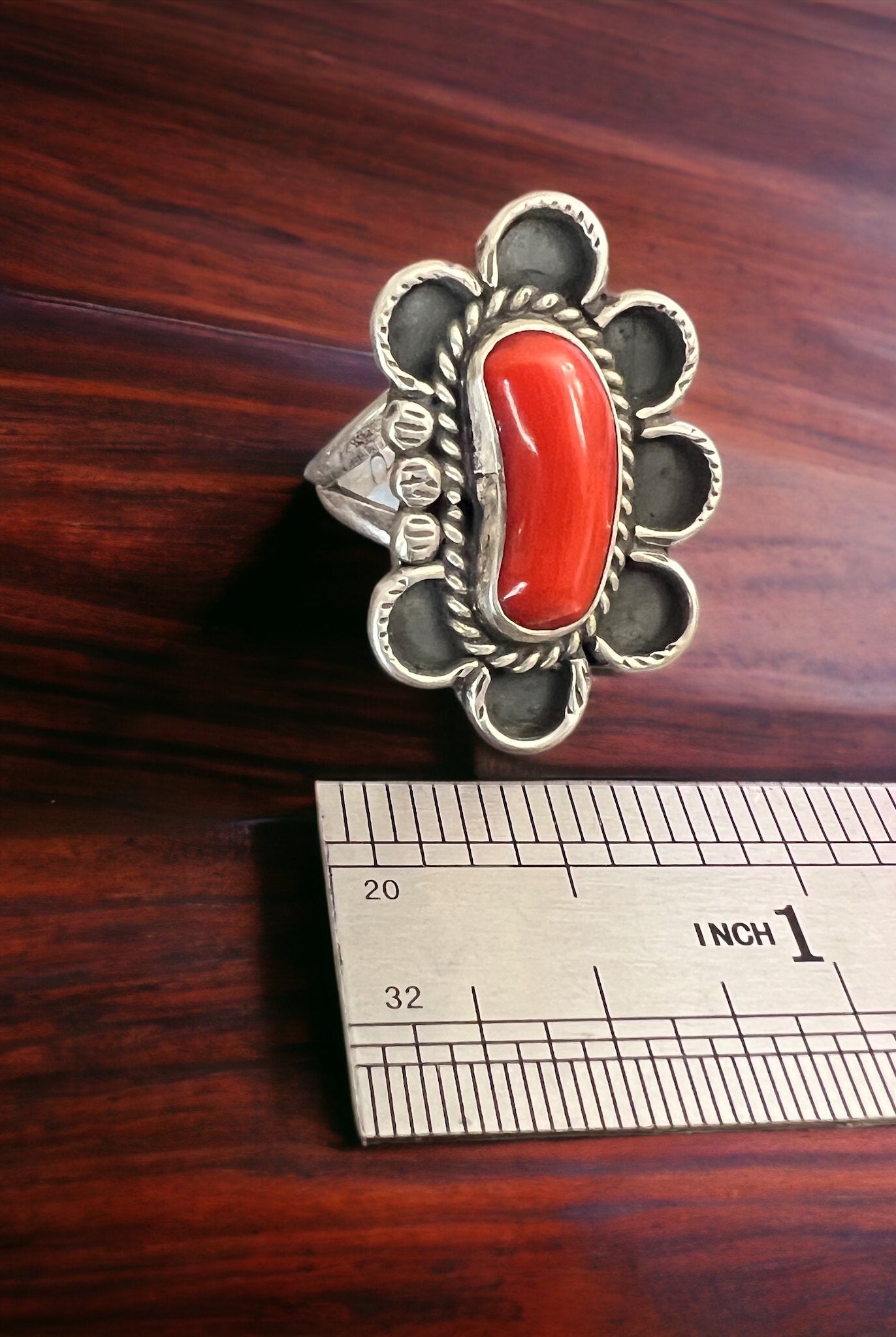 Coral ring on hand stamped sterling silver - Native signed A Chapo - size 7 - Cowhide and Conchos